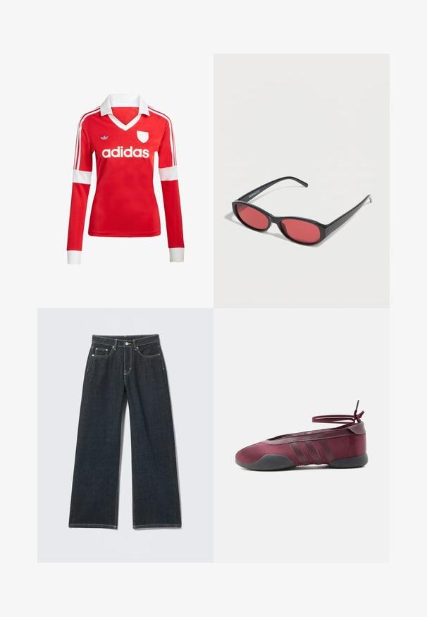Rode lange mouwen voetbalshirt met een witte kraag en manchetten. Heeft drie witte strepen op de schouders en het "adidas" logo prominent weergegeven.; Donkerblauwe jeans met wijde pijpen, knoopsluiting aan de voorkant, rits, lussens voor riem en vijf zakken, tegen een lichte effen achtergrond.; Bordeauxrode ballerina met zwarte zool, elastische enkelbandjes die in een strik zijn gebonden, en gestikte details aan de zijkanten, gezien vanaf de buitenkant.; Zwarte ovale zonnebril met slanke pootjes en rood getinte glazen, rustend op een witte ondergrond.