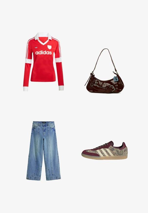Rotes Fußballtrikot mit langen Ärmeln, weißem Kragen und weißen Ärmelbündchen. Es hat drei weiße Streifen auf den Schultern und das "adidas"-Logo ist auffällig platziert.; Helles blaues Jeansmodell mit weitem Bein, hoch geschnitten, mit auffälligen Nähten und patchartigen Akzenten an den Gesäßtaschen.; Sneaker mit burgunderfarbenen Wildleder-Overlays, Paisley-Stoffeinsätzen, cremefarbenen drei Streifen, Gummisohle und schwarzen Schnürsenkeln, von der Seite gesehen.; Bordeauxfarbene Lacklederhandtasche mit geschwungener Form, silbernen Hardware-Details und einer dekorativen Schnalle. Verfügt über einen kurzen Tragegurt und einen Reißverschluss.