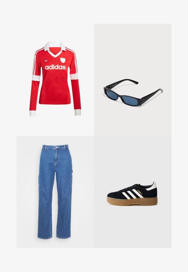Rotes Fußballtrikot mit langen Ärmeln, weißem Kragen und weißen Ärmelbündchen. Es hat drei weiße Streifen auf den Schultern und das "adidas"-Logo ist auffällig platziert.; Blaue High-Waist-Jeans mit geradem Bein, ausgestattet mit einem Frontknopfverschluss und seitlichen Taschen. Glatte Textur und keine sichtbaren Muster.; Schwarzer Wildledersneaker mit weißen drei Streifen und goldfarbenem Logo. Gummisohle mit strukturiertem Grip. Klassisches Low-Top-Design, abgerundete Zehenkappe.; Schwarze Sonnenbrille mit einem eleganten rechteckigen Rahmen und blauen Gläsern. Besitzt eine glatte Oberfläche und robuste Scharniere. Markenlogo an der Seite.
