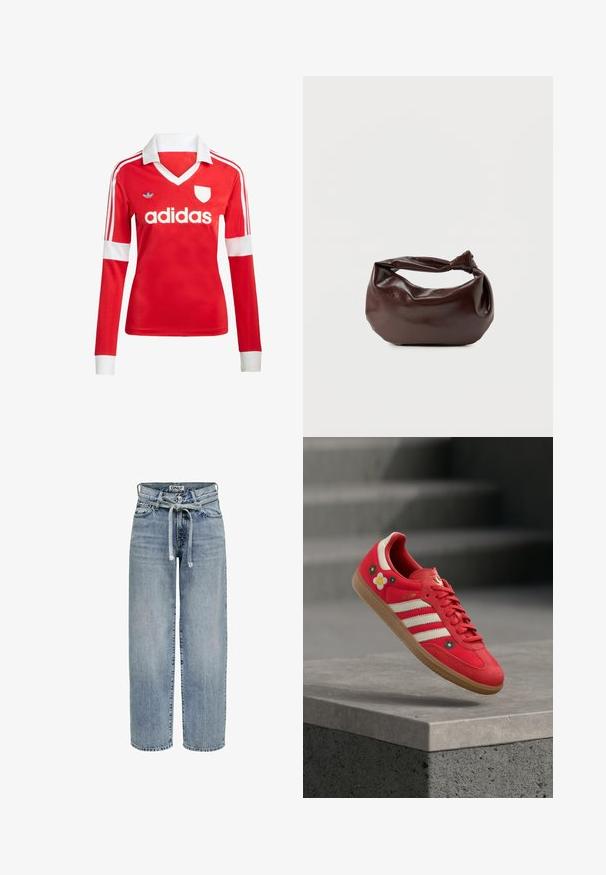 Maillot de football à manches longues rouge avec un col et des poignets blancs. Présente trois rayures blanches sur les épaules et le logo "adidas" affiché en évidence.; Jean en denim bleu clair à taille haute, coupe décontractée et détail de ceinture à nouer. Dispose d'un design classique à cinq poches et jambes droites.; Chaussure de sport rouge avec des rayures blanches, une broderie florale et une semelle en gomme. Tissu lisse avec des accents en daim. Modèle : Samba.; Sac bandoulière en cuir marron foncé avec une forme souple et décontractée et une anse nouée torsadée sur un fond blanc uni.