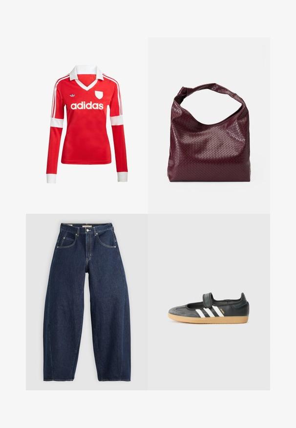 Rød langærmet fodboldtrøje med hvid krave og manchetter. Har tre hvide striber på skuldrene og "adidas" logoet fremtrædende vist.; Mørkeblå denim jeans med løs pasform, lyse syninger, fem lommer og en knaplukning ved taljen.; Sort læder- og ruskinds sneakers med en Velcro-rem, der har tre hvide striber og en gummisål, mærket "SAMBA" på siden.; Burgunderfarvet taske med et tekstureret, vævet mønster, blødt lædermateriale og et enkelt, knyttet håndtag. Rummeligt, hobo-stil design.
