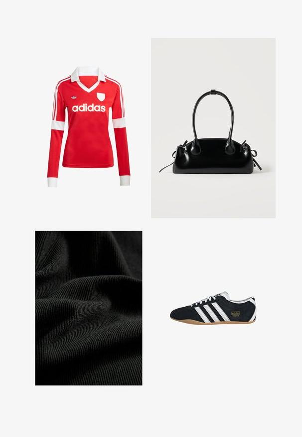 Rød langærmet fodboldtrøje med hvid krave og manchetter. Har tre hvide striber på skuldrene og "adidas" logoet fremtrædende vist.; Sorte ribbet stof med en struktureret overflade, der fremhæver subtile folder og kurver. Materialet ser let og fleksibelt ud.; Sort ruskinds sneaker med hvide tre striber, guldlogo og en brun gummisål. Har et lavprofil snørebåndsdesign.; Lille sort blank håndtaske med to lange håndtag og snøre-detaljer i siden på en ensfarvet lys baggrund.