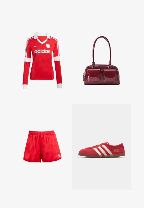 Červený futbalový dres s dlhým rukávom a bielym golierom a manžetami. Na ramenách sú tri biele pruhy a výrazne zobrazené logo "adidas".; Červené športové šortky s elastickým pásom, biely lem na spodnom okraji a jemným leskom. Obsahujú logo Adidas v bielej farbe na dolnej ľavej strane.; Červené semišové tenisky s bielym trojpruhovým dizajnom, plochou podrážkou a zlatým logom. Nízky strih s okrúlou špičkou a šnurovaním.; Tmavočervená kožená kabelka s dvoma prednými vreckami s chlopňami a dlhými ramennými popruhmi, zobrazená na bielom pozadí.