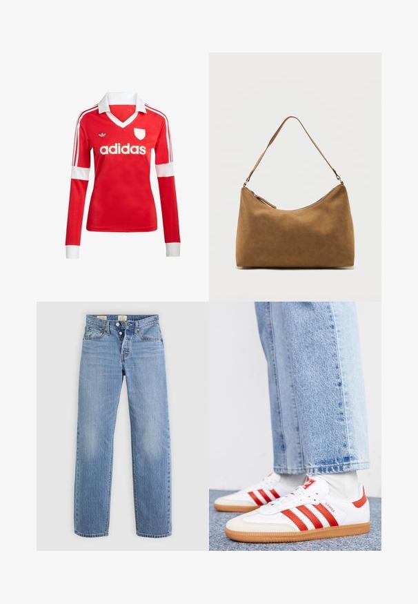 Rotes Fußballtrikot mit langen Ärmeln, weißem Kragen und weißen Ärmelbündchen. Es hat drei weiße Streifen auf den Schultern und das "adidas"-Logo ist auffällig platziert.; Helle blaue Denim-Jeans mit geradem Bein, Metallknopfverschluss, vorderen Taschen und dezenten Verwaschungen.; Weiße Leder Sneaker mit roten Streifen und Akzenten. Verfügt über eine strukturierte Gummi-Laufsohle und einen gepolsterten Schaft. Tragen mit hellblauer Jeans.; Braune Wildleder-Umhängetasche mit einem einzelnen Träger und einem Reißverschluss oben, präsentiert vor einem schlichten weißen Hintergrund.