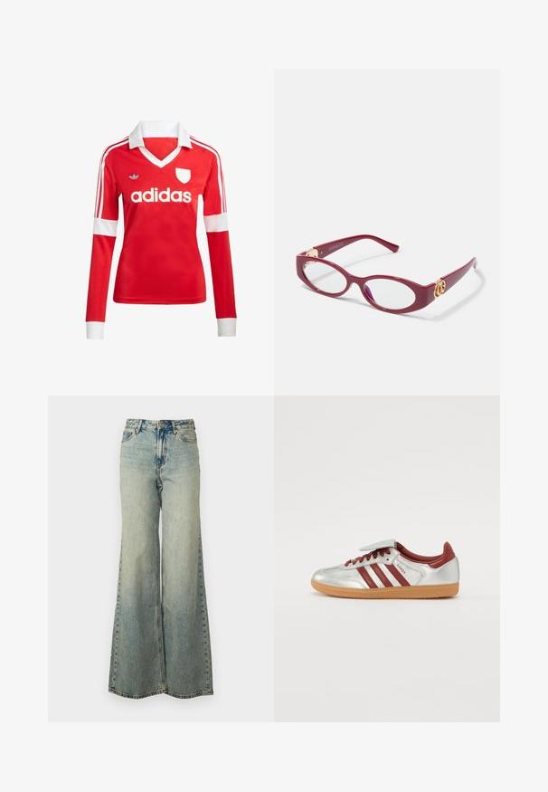 Červený futbalový dres s dlhým rukávom a bielym golierom a manžetami. Na ramenách sú tri biele pruhy a výrazne zobrazené logo "adidas".; Svetlomodré džíny s voľným strihom, vyrobené z denimu, s vysokým pásom, vyblednutým umytím a bočnými vreckami s viditeľným stehom.; Strieborné športové topánky s červenými pruhmi, textúrovanou gumenou podrážkou a suchým zipsom na vrchu. Obsahujú hladký kožený povrch a polstrovaný golier.; Červené plastové okuliare s oválnym rámom a priehľadnými šošovkami. S charakteristickými zlatými akcentmi na stranách a štýlovým moderným dizajnom.