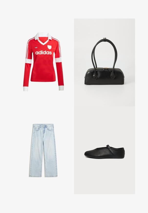 Červený futbalový dres s dlhým rukávom a bielym golierom a manžetami. Na ramenách sú tri biele pruhy a výrazne zobrazené logo "adidas".; Svetlomodré široké džínsy vyrobené z denimu, s gombíkovým zapínaním a dekoratívnymi nýtmi pozdĺž bočných švov.; Čierna kožená balerína Mary Jane s jedným remienkom a malými perforovanými bodkami na boku, zobrazená na jednoduchom svetlošedom pozadí.; Čierna kožená kabelka s dvoma predĺženými ušami, zipsovým uzáverom a zaobleným tvarom; hladký povrch s jemným lesklým nádychom.