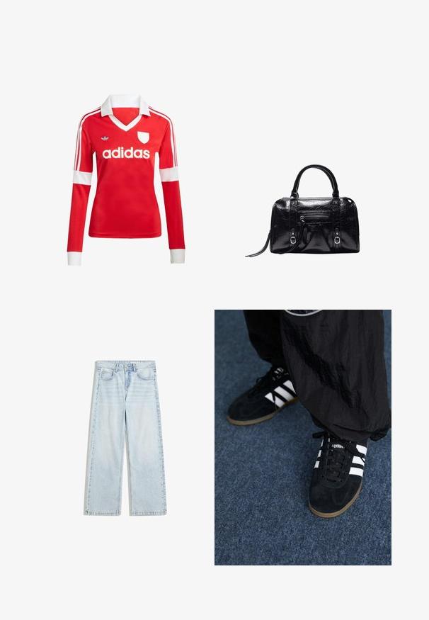 Rotes Fußballtrikot mit langen Ärmeln, weißem Kragen und weißen Ärmelbündchen. Es hat drei weiße Streifen auf den Schultern und das "adidas"-Logo ist auffällig platziert.; Hellblaue weit geschnittene Jeans aus Denim mit einem Knopfverschluss und dekorativen Nieten entlang der Seitennähte.; Schwarze Wildleder-Sportschuhe mit drei weißen Streifen und schwarzen Schnürsenkeln. Eine strukturierte schwarze Hose ist teilweise neben den Schuhen sichtbar.; Schwarze glänzende Lederhandtasche mit zwei Griffen, Frontreißverschlusstasche, Schnallendetails und einem Handgelenksriemen auf weißem Hintergrund.