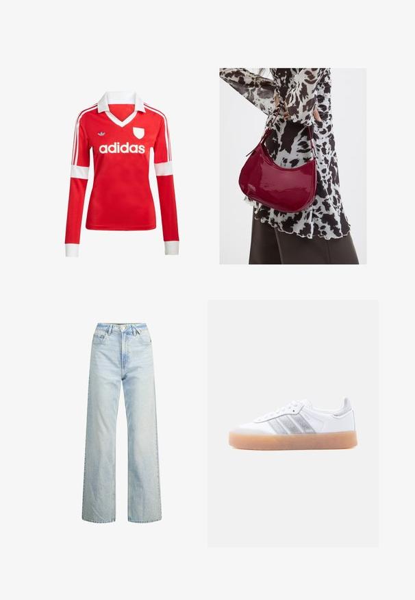 Rode lange mouwen voetbalshirt met een witte kraag en manchetten. Heeft drie witte strepen op de schouders en het "adidas" logo prominent weergegeven.; Lichtgekleurde denim wijde jeans met hoge taille, klassieke vijf-pocketontwerp en contrasterende stiksels. Rechte pijp en rafelige zoom.; Witte lage sneaker met gumzool, zilverkleurige gestreepte zijkanten en veterluiting, afgebeeld tegen een effen lichte achtergrond.; Vrouw met een zwart-wit gebloemde blouse houdt een glanzende rode schoudertas vast tegen een effen achtergrond.