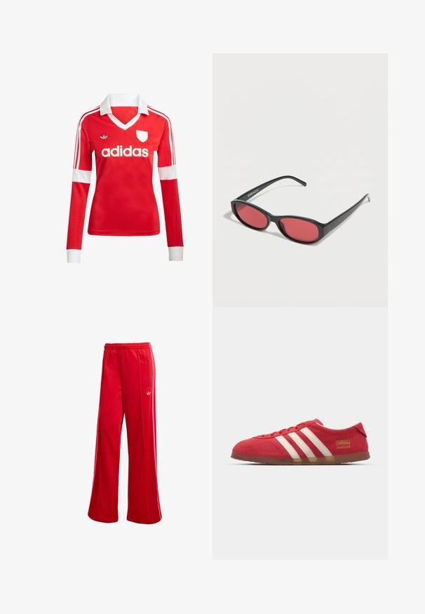 Rød langærmet fodboldtrøje med hvid krave og manchetter. Har tre hvide striber på skuldrene og "adidas" logoet fremtrædende vist.; Røde atletiske bukser med brede ben, elastisk talje og sidelomme med lynlås. Har et lille hvidt logo på venstre side. Glat tekstur.; Røde ruskinds sneakers med hvidt tre-stripes design, flad ydersål og guld logo detalje. Lavskåren design med afrundet tå og snørebåndslukning.; Sorte ovale solbriller med tynde arme og rødtonede linser, der ligger på en hvid overflade.