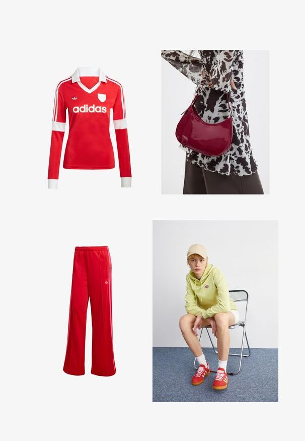 Rød langærmet fodboldtrøje med hvid krave og manchetter. Har tre hvide striber på skuldrene og "adidas" logoet fremtrædende vist.; Røde atletiske bukser med brede ben, elastisk talje og sidelomme med lynlås. Har et lille hvidt logo på venstre side. Glat tekstur.; Lysegrøn hættetrøje med logo, hvide shorts, røde sneakers med hvide striber, siddende på en krom foldebænk mod en neutral baggrund.; Kvinde iført en sort- og hvidmønstret bluse, der holder en blank rød skuldertaske mod en ensfarvet baggrund.