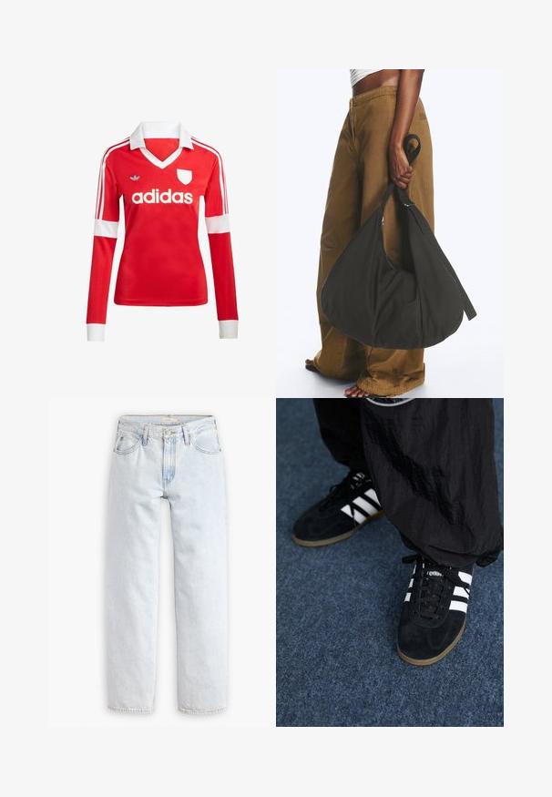Rød langærmet fodboldtrøje med hvid krave og manchetter. Har tre hvide striber på skuldrene og "adidas" logoet fremtrædende vist.; Lyseblå, lige ben denim jeans med høj talje, der har fem lommer, en frontknaplukning og synlige syninger.; Sorte suedetrainingssko med tre hvide striber og sorte snørebånd. Et tekstureret sort bukser er delvist synligt ved siden af skoene.; Person iført brune vidde bukser og hvid top holder en stor sort blød håndtaske i remmen ved siden.