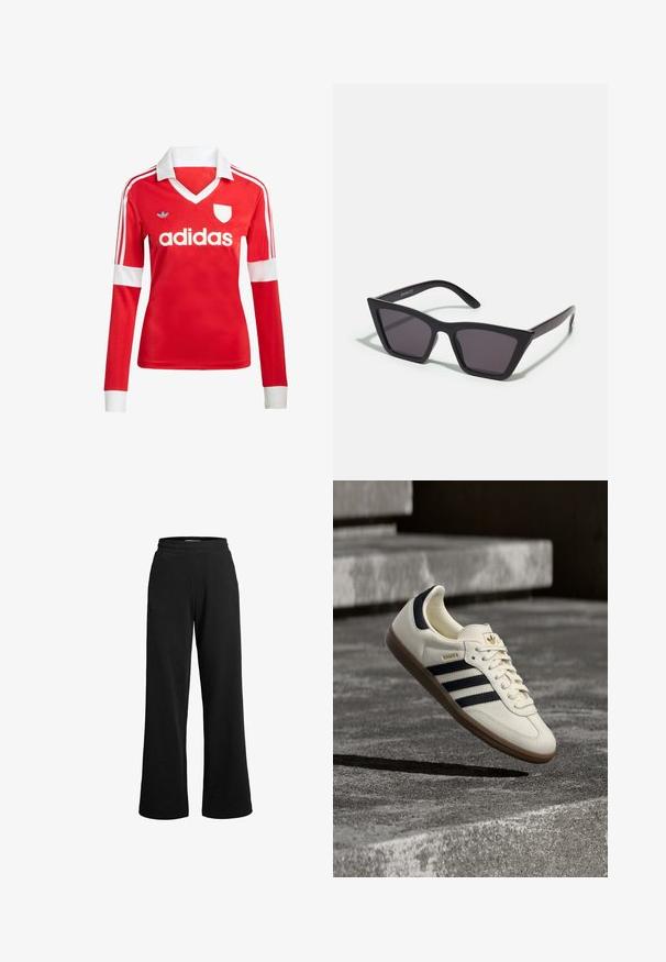 Punane pikade varrukatega jalgpallipluus valge krae ja varrukateotstega. Omab kolme valget triipu õlgadel ja väljapaistvat "adidas" logo.; Mustad mustad püksid laia säärega, valmistatud pehmest kangast. Omab elastset vööd ja minimaalseid õmblusi mugavuse tagamiseks.; Valge Adidas Samba toss mustade triipude ja kummist tallaga, hõljuv tekstuurse halli betoonastme kohal.; Mustad mustrakellad, millel on hallid šabloonid; valmistatud plastist, paksude ja siledate kätega, ilma nähtava riistvarata.