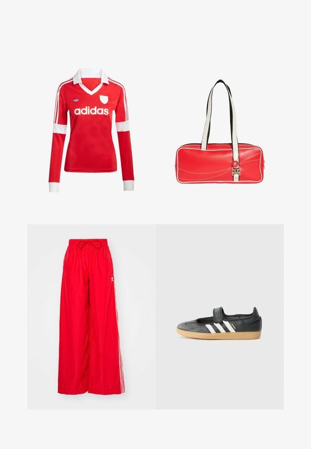 Rotes Fußballtrikot mit langen Ärmeln, weißem Kragen und weißen Ärmelbündchen. Es hat drei weiße Streifen auf den Schultern und das "adidas"-Logo ist auffällig platziert.; Rote weit geschnittene Hose aus leichtem Stoff, mit weißen Seitenstreifen und einem elastischen Bund mit Kordelzug.; Schwarze Leder- und Wildledersneaker mit einem Klettverschluss, ausgestattet mit drei weißen Streifen und einer Gummisohle, beschriftet mit "SAMBA" an der Seite.; Rote rechteckige Adidas-Schultertasche mit weißer Paspelierung und langen weißen Griffen, mit schwarzem und goldenem Logodetail vorne.