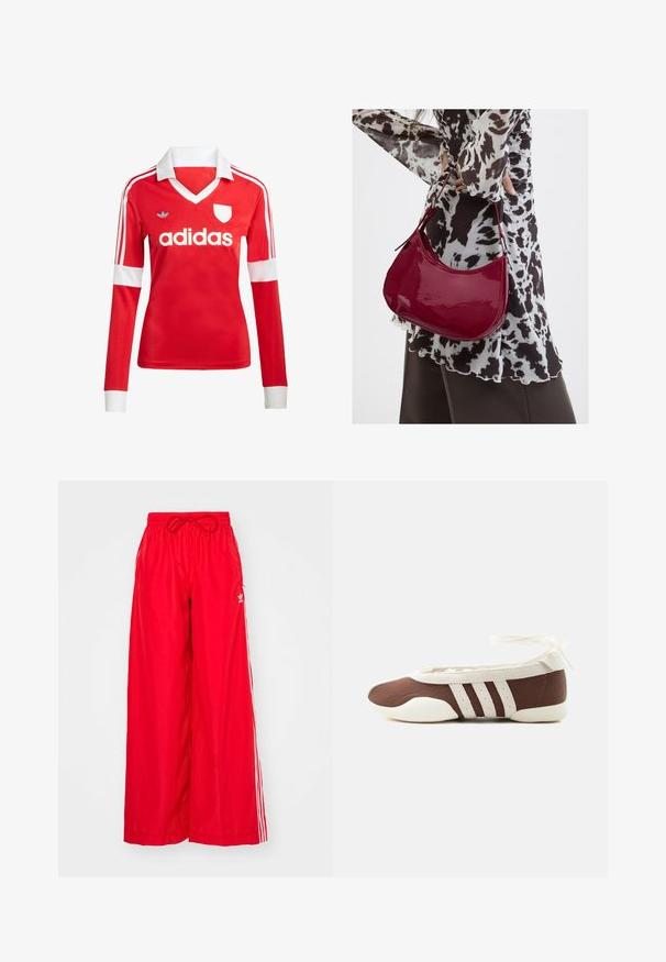 Červený futbalový dres s dlhým rukávom a bielym golierom a manžetami. Na ramenách sú tri biele pruhy a výrazne zobrazené logo "adidas".; Červené široké nohavice vyrobené z ľahkého materiálu, s bielymi bočnými prúžkami a elastickým pásom so šnúrkou.; Hnedá a biela baletná balerína s tromi bielymi pruhmi a mašľou na zviazanie okolo členku na jednoduchom svetlom pozadí.; Žena v čierno-bielom vzorovanom blúzke drží lesklú červenú kabelku cez rameno na jednofarebnom pozadí.