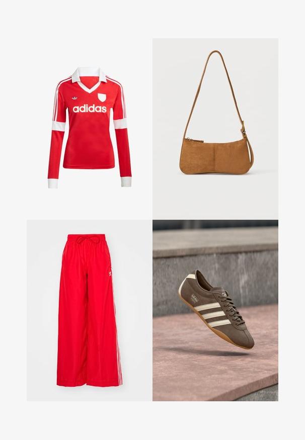Punane pikade varrukatega jalgpallipluus valge krae ja varrukateotstega. Omab kolme valget triipu õlgadel ja väljapaistvat "adidas" logo.; Kerged jalgadega punased püksid, mis on valmistatud kergest kangast, valgete külgtriipudega ning elastse vöökoha ja kinnitusköiega.; Pruun seemisnahast toss valgete triipude ja brändinguga, millel on ümmargune varvas ja kummist tallaga kummisest vaipkattega pinna kohal.; Pruun seemisnahast õlakott kõverate vormidega, reguleeritava rihma, tõmblukuga sulgemise ja minimaalse riistvaraga. Sile tekstuur ja lihtne disain.