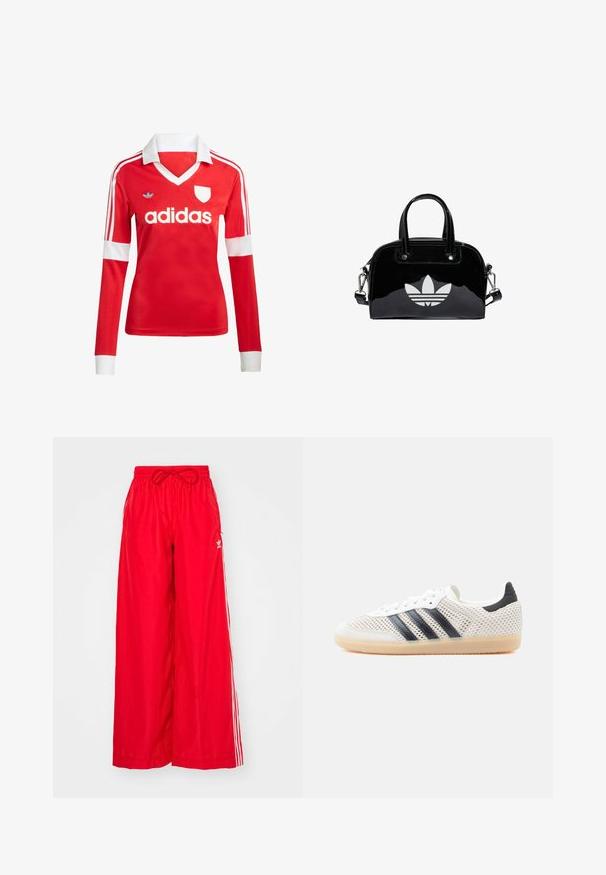 Maillot de football à manches longues rouge avec un col et des poignets blancs. Présente trois rayures blanches sur les épaules et le logo "adidas" affiché en évidence.; Pantalons larges rouges en tissu léger, dotés de rayures blanches sur les côtés et d'une taille élastique avec un cordon de serrage.; Baskets en maille blanche avec un design à trois bandes noires, bout arrondi et semelle en caoutchouc gomme. Dotées d'un col de talon souple et d'une fermeture à lacets.; Sac à main en cuir verni noir de forme arrondie, avec des poignées supérieures doubles, des accents argentés et un logo blanc proéminent à l'avant.