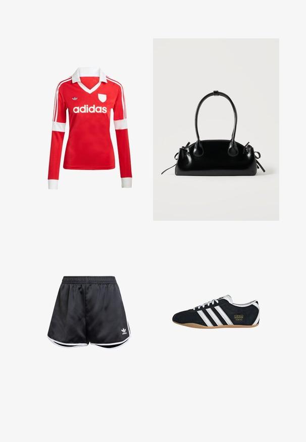Punane pikade varrukatega jalgpallipluus valge krae ja varrukateotstega. Omab kolme valget triipu õlgadel ja väljapaistvat "adidas" logo.; Mustad mustad sportlikud lühikesed püksid siledast sünteetilisest materjalist, valgete külgaktsentidega ja all vasakul oleva tikandiga logoga.; Must musta tennisjalanikesed valgete kolme triibuga, kuldse logo ja pruuni kummitaldiga. Omab madalat sidumise disaini.; Väike must läikiv käekott kahe pika sangaga ja külgedel paelakinnitustega, ühel lihtsal helel taustal.