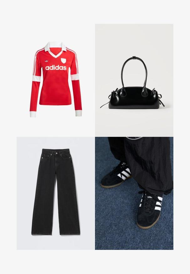 Rød langærmet fodboldtrøje med hvid krave og manchetter. Har tre hvide striber på skuldrene og "adidas" logoet fremtrædende vist.; Sorte højttaljede bredbenede jeans med knap- og lynlåslukning foran, bæltestropper og fem forlommer på en lys baggrund.; Sorte suedetrainingssko med tre hvide striber og sorte snørebånd. Et tekstureret sort bukser er delvist synligt ved siden af skoene.; Lille sort blank håndtaske med to lange håndtag og snøre-detaljer i siden på en ensfarvet lys baggrund.