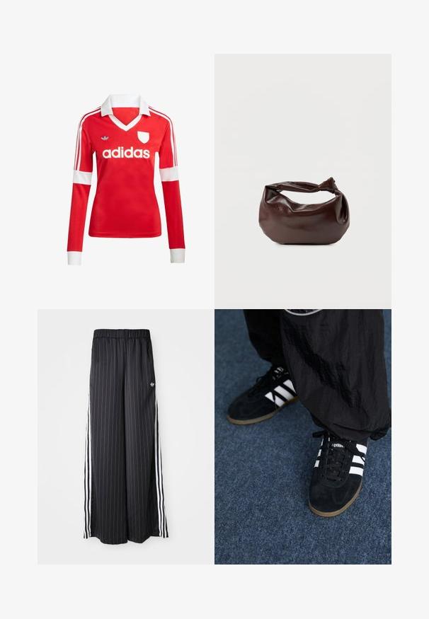 Červený futbalový dres s dlhým rukávom a bielym golierom a manžetami. Na ramenách sú tri biele pruhy a výrazne zobrazené logo "adidas".; Čierne široké nohavice s vertikálnymi bielymi pruhmi, elastický pás a tri biele pruhy po stranách. Logo Adidas vpredu.; Čierne roháčiky z semišu so tromi bielymi pruhmi a čiernymi šnúrkami. Texturované čierne nohavice sú čiastočne viditeľné vedľa topánok.; Tmavohnedá kožená kabelka cez rameno s mäkkým, voľným tvarom a držadlom v podobe skrúteného uzla na jednoduchom bielom pozadí.