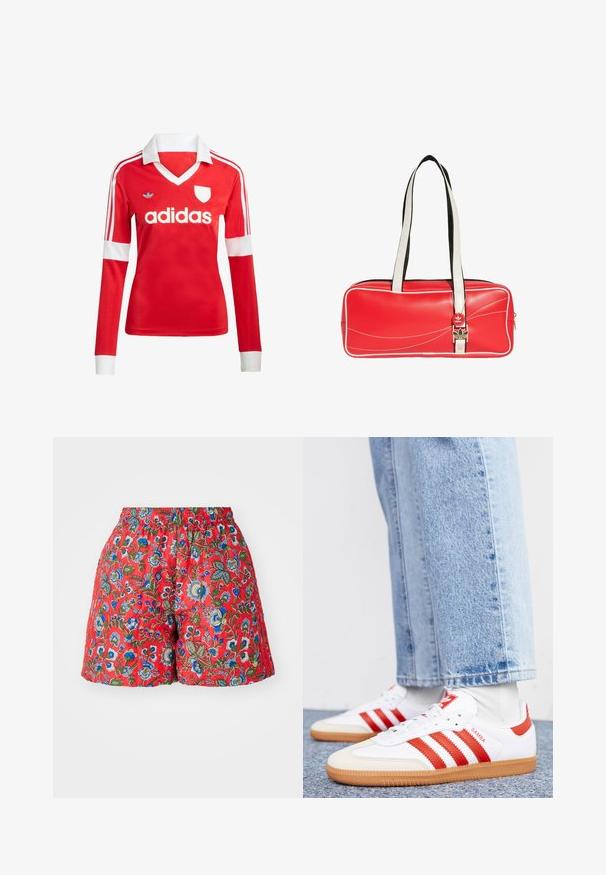 Rotes Fußballtrikot mit langen Ärmeln, weißem Kragen und weißen Ärmelbündchen. Es hat drei weiße Streifen auf den Schultern und das "adidas"-Logo ist auffällig platziert.; Rote Blumen-Shorts mit elastischem Bund. Verfügt über blau- und grün gepunktete Blumenmuster, glatte Textur und eine lockere Passform.; Weiße Leder Sneaker mit roten Streifen und Akzenten. Verfügt über eine strukturierte Gummi-Laufsohle und einen gepolsterten Schaft. Tragen mit hellblauer Jeans.; Rote rechteckige Adidas-Schultertasche mit weißer Paspelierung und langen weißen Griffen, mit schwarzem und goldenem Logodetail vorne.