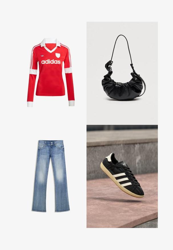 Rode lange mouwen voetbalshirt met een witte kraag en manchetten. Heeft drie witte strepen op de schouders en het "adidas" logo prominent weergegeven.; Lichtblauwe bootcut-spijkerbroek met een vervaagde wassing, vijf zakken, riemlussen en dubbele knoopsluiting, plat neergelegd op een witte achtergrond.; Zwarte Adidas sneaker met witte strepen en beige zool, vastgelegd in de lucht boven een stenen oppervlak en een stenen muur op de achtergrond.; Zwarte gerimpelde leren handtas met verstelbare schouderriem en grote zwarte haarclip bevestigd aan de riem op een effen achtergrond.