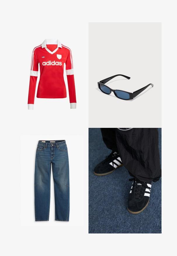 Rød langærmet fodboldtrøje med hvid krave og manchetter. Har tre hvide striber på skuldrene og "adidas" logoet fremtrædende vist.; Blå denim jeans med en afslappet pasform, der har høj talje, lige ben, synligt syning og en lille detalje på venstre knæ.; Sorte suedetrainingssko med tre hvide striber og sorte snørebånd. Et tekstureret sort bukser er delvist synligt ved siden af skoene.; Sorte solbriller med en slank rektangulær ramme og blå linser. Har en glat overflade og robuste stænger. Mærkets logo på siden.
