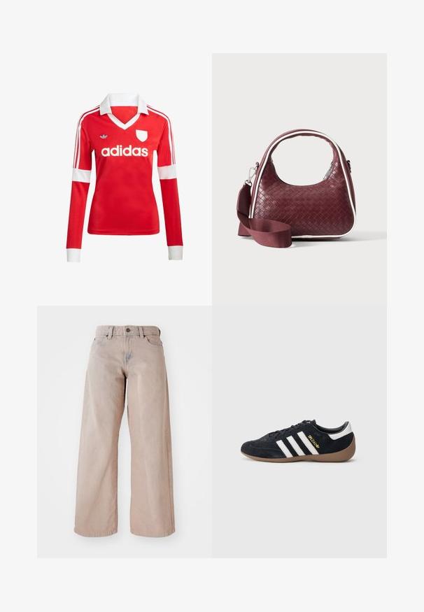 Rotes Fußballtrikot mit langen Ärmeln, weißem Kragen und weißen Ärmelbündchen. Es hat drei weiße Streifen auf den Schultern und das "adidas"-Logo ist auffällig platziert.; Beige weit geschnittene Jeans mit hohem Bund, Fünf-Taschen-Design und Knopfverschluss. Der Stoff hat eine weiche Textur und eine leichte Ausbleichung an der Vorderseite.; Schwarzer Veloursleder-Sneaker mit drei weißen Streifen, Gummisohle und einem kleinen goldenen Logo an der Seite. Verfügt über ein glattes schwarzes Innenfutter.; Dunkelrote gewebte Ledertasche mit gebogenem Griff, weißem Besatz, silbernem Reißverschluss und abnehmbarem breitem Stoff-Schulterriemen vor einfarbigem Hintergrund.