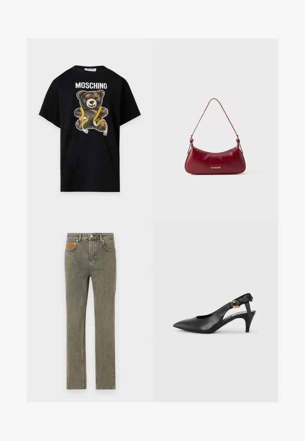 Schwarzes Moschino T-Shirt mit einem Teddybär, der in ein gelbes und weißes Maßband gewickelt ist, unter dem Markennamen gedruckt.; Grüne Denim-Jeans mit geradem Bein, die eine braune Korduroytasche als Akzent und zarte Verwaschungen im Stoff aufweisen.; Schwarze Leder Slingback-Pumpe mit spitzem Absatz, kleinem Absatz und einer Schnalle am Knöchelriemen. Glatte Textur, minimalistisches Design.; Kleine dunkelrote Lederschultertasche mit dünnem Riemen und goldenem "Love Moschino"-Logo auf der Vorderseite.