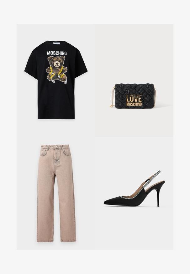 Μαύρο t-shirt Moschino με ζωγραφισμένη μια αρκουδάκι τυλιγμένο με κίτρινη και λευκή μεζούρα κάτω από το όνομα της μάρκας.; Μπεζ τζιν με ίσια μπατζάκια και ψηλή μέση, με κουμπί μπροστά, θηλιές για ζώνη και κλασικό σχεδιασμό πέντε τσεπών σε απλό φόντο.; Μαύρο γυναικείο παπούτσι με ανοιχτή φτέρνα, λεπτό στιλέτο τακούνι και μυτερή μύτη, με το κείμενο "LOVE MOSCHINO" στο λουράκι και την άκρη.; Μαύρη καπιτονέ τσάντα χιαστί με χρυσή αλυσίδα και μεγάλο χρυσό λογότυπο "LOVE MOSCHINO" στο μπροστινό μέρος.