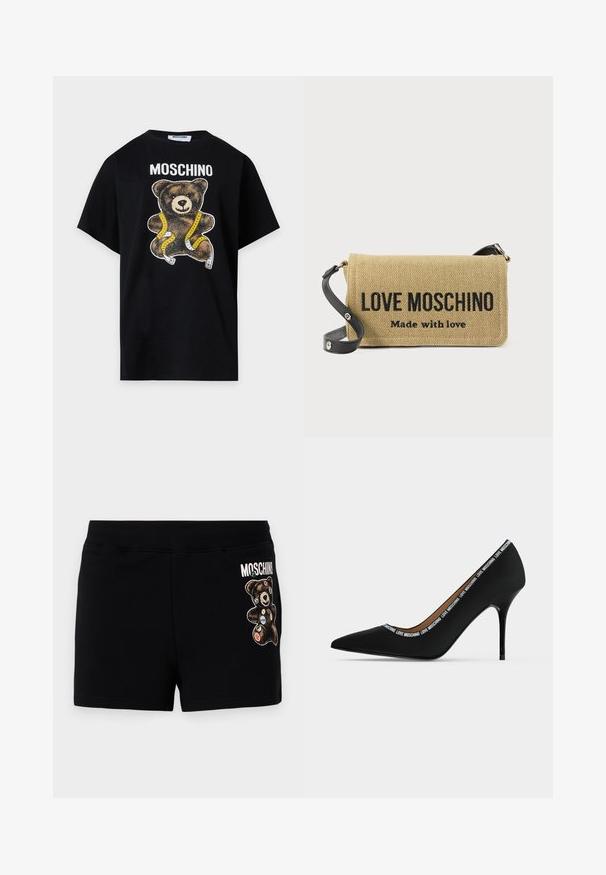 Camiseta negra Moschino con un oso de peluche envuelto en una cinta métrica amarilla y blanca impresa debajo del nombre de la marca.; Pantalones cortos de algodón negro con un gráfico de un oso y parches de colores. La cinturilla es elástica para mayor comodidad y un ajuste casual.; Zapato de tacón alto puntiagudo negro con tacón de aguja y adorno de texto "LOVE MOSCHINO" a lo largo del borde de la abertura, vista lateral sobre fondo blanco.; Bolso bandolera beige tejido con correa negra ajustable, con el texto en negrita negro "LOVE MOSCHINO Made with love" en la solapa frontal.