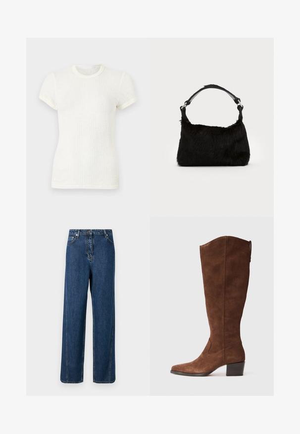 T-shirt blanc en maille côtelée à manches courtes avec col rond et manches légèrement bouffantes.; Jean en denim bleu à jambes larges avec fermeture avant par boutons et zip, poches avant et arrière, et détails de couture visibles.; Bottes en suède brun jusqu'aux genoux avec un bout pointu et un talon empilé. Présente une finition lisse et des détails de couture minimalistes.; Sac à main en fausse fourrure noire avec une texture douce, une forme arrondie et une bandoulière en cuir noir robuste. Accent en métal argenté visible.