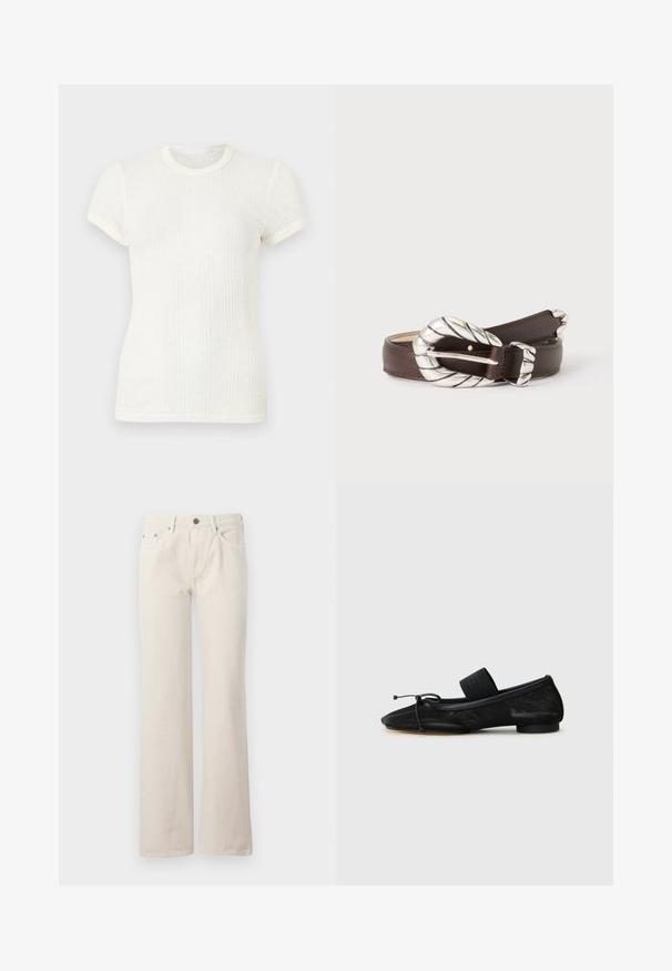 Weißes, kurzärmeliges, geripptes Strick-T-Shirt mit rundem Ausschnitt und leicht aufgepufften Ärmeln.; Beige weit geschnittene Jeans aus Baumwolle, mit vorderen Taschen, einem Reißverschluss und einer dezenten strukturierten Oberfläche. Klassisches Design mit lockerer Passform.; Schwarze flache Schuhe mit einer spitzen Zehe, aus strukturiertem Stoff, mit einem Schleifenakzent und einem kleinen, runden Absatz. Elastisches Band am Knöchel.; Dunkelbrauner Ledergürtel mit großer, gedrehter silberner Schnalle und passender silberner Gürtelschlaufe auf weißem Hintergrund.