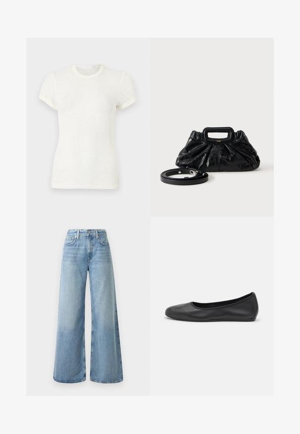 Camiseta blanca de manga corta de punto acanalado con cuello redondo y mangas ligeramente abullonadas.; Jeans de mezclilla anchos de color azul claro con una cintura alta, que cuentan con cuatro bolsillos, un cierre de botón y un ligero desgaste en la tela.; Bailarina de piel negra con punta redondeada, textura suave, detalle de costura minimalista y diseño de suela flexible.; Bolso pequeño de cuero negro con textura fruncida, asa rectangular y correa de hombro delgada y desmontable colocada al lado.