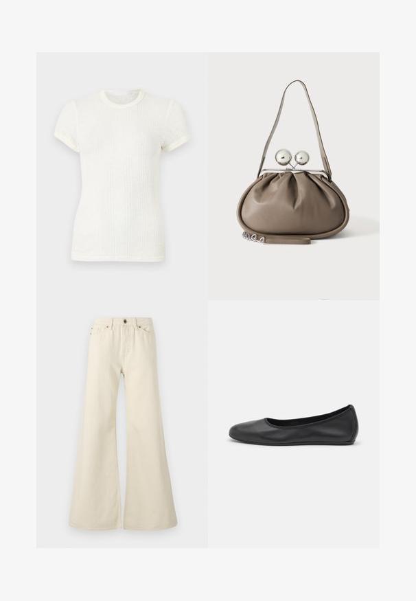 Weißes, kurzärmeliges, geripptes Strick-T-Shirt mit rundem Ausschnitt und leicht aufgepufften Ärmeln.; Hellbeige weite Jeans aus Baumwolle. Besitzt eine hohe Taille, fünf Taschen und einen Knopfverschluss mit kontrastierenden Nahtdetails.; Schwarze Leder-Ballettschuhe mit abgerundeter Spitze, glatter Textur, minimalen Nähdetails und einem flexiblen Sohlen-Design.; Graue Lederhandtasche mit abgerundeter Form, oberem Verschluss mit zwei großen silbernen Kugeln und einem einzelnen Trageriemen.