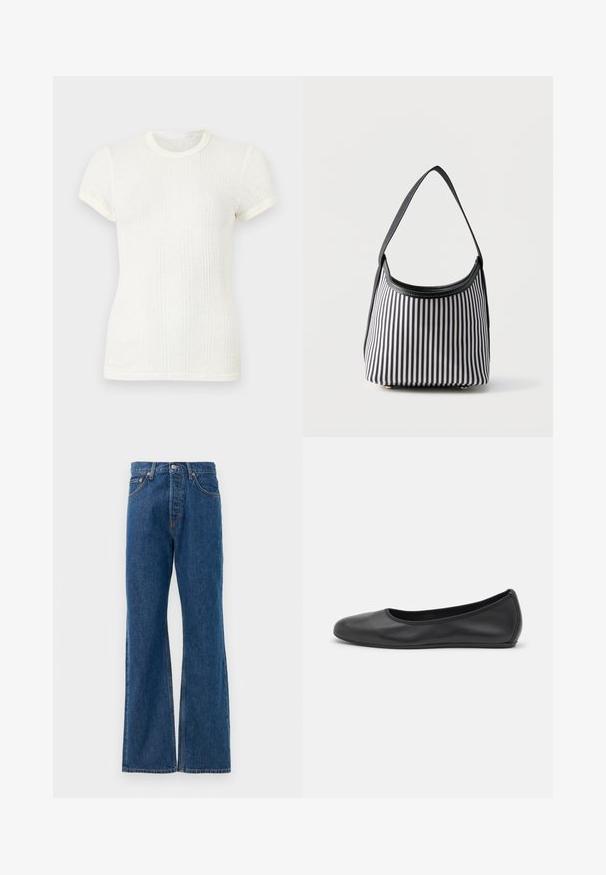 T-shirt blanc en maille côtelée à manches courtes avec col rond et manches légèrement bouffantes.; Jean flare en denim bleu avec taille haute, comportant cinq poches, une fermeture à bouton en métal argenté et des accents de couture visibles.; Ballerines en cuir noir avec un bout rond, texture lisse, détails de couture minimalistes et design de semelle flexible.; Sac à main rayé vertical noir et blanc avec une seule bandoulière noire et une ouverture supérieure arrondie sur un fond uni.