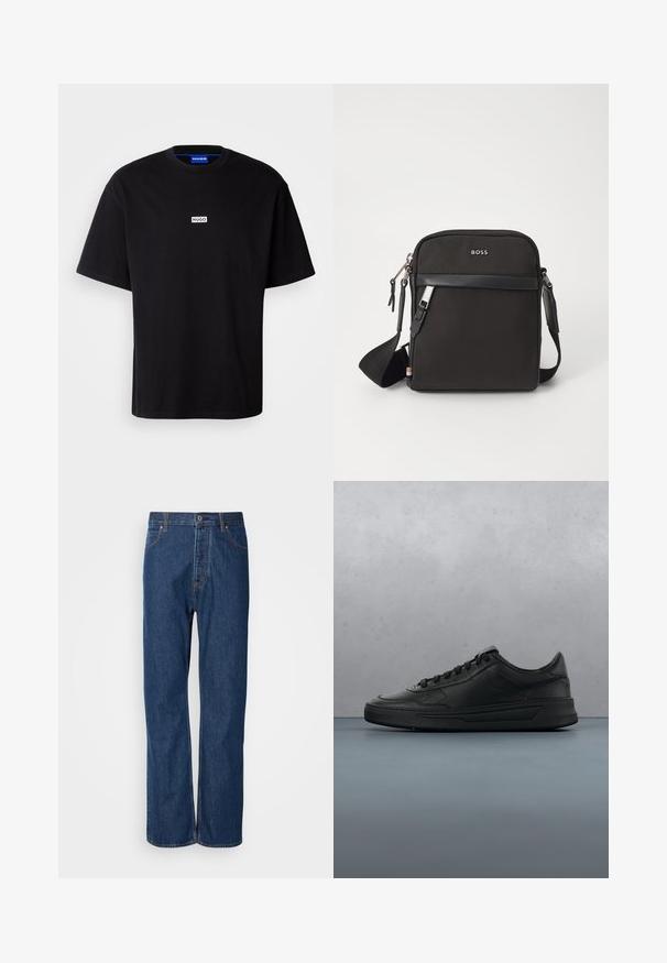 Sort bomulds t-shirt med rund hals, korte ærmer og et hvidt rektangulært "HUGO" logo på brystet. Glat overflade, afslappet pasform.; Blå denim jeans med lige ben, der har en knaplukning, fem lommer og kontraststikninger langs sømmene.; Sort sneakers med glat læderoverdel, rund tå, flade snørebånd, polstret krave og minimalistisk design. Gummisål med subtilt mønster.; Sort crossbody taske med et struktureret stof, logo på fronten, lynlås lukning og justerbar rem. Har en glat læderkant.