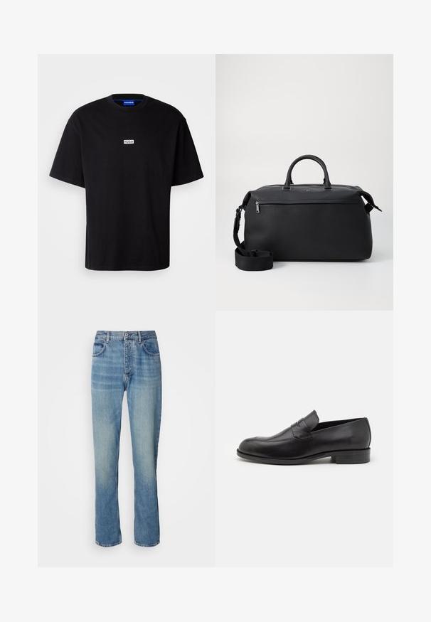 Camiseta de algodón negra con cuello redondo, mangas cortas y un logo rectangular blanco "HUGO" en el pecho. Textura suave, corte relajado.; Jeans de denim de pierna recta en azul claro con una cintura alta, cierre frontal de botón y cremallera, y diseño de cinco bolsillos.; Mocasines de cuero negro con punta redondeada y detalles de costura sutiles. Textura suave y tacón bajo con marca en la parte trasera.; Bolsa de viaje de cuero negro con dos asas superiores, una correa de hombro desmontable y un bolsillo frontal con cremallera para almacenamiento adicional.