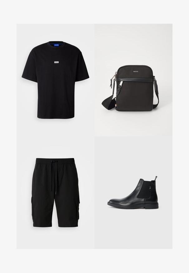 Camiseta de algodón negra con cuello redondo, mangas cortas y un logo rectangular blanco "HUGO" en el pecho. Textura suave, corte relajado.; Pantalones cortos cargo negros hechos de tejido ligero, con una cinturilla elástica, cordón y bolsillos laterales cargo para almacenamiento adicional.; Botines Chelsea de cuero negro con paneles elásticos laterales, una pestaña para tirar y una suela de goma plana. Textura suave con un detalle mínimo.; Bolso bandolero negro con un tejido texturizado, logo en la parte frontal, cierre de cremallera y correa ajustable. Presenta un ribete de cuero suave.