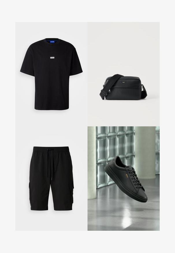 Sort bomulds t-shirt med rund hals, korte ærmer og et hvidt rektangulært "HUGO" logo på brystet. Glat overflade, afslappet pasform.; Sorte cargo shorts lavet af letvægtsstof, med elastisk talje, snor og sidelommer til ekstra opbevaring.; Sort lavtopet lædersneaker med sorte snørebånd og gyldent BOSS-logo på siden, svævende over en blank grå gulv i et moderne indendørs rum.; Sort tekstureret læder crossbody taske med front lynlåslomme og justerbar bred stofskulderrem på hvid baggrund.