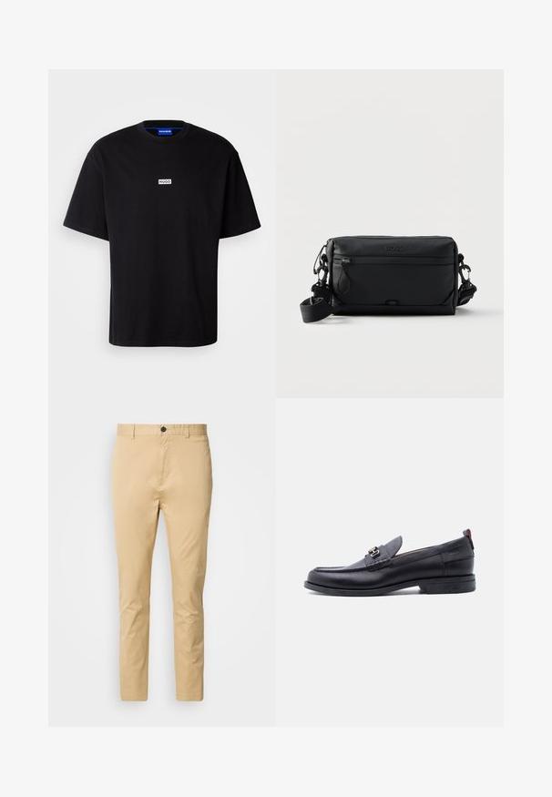 Camiseta de algodón negra con cuello redondo, mangas cortas y un logo rectangular blanco "HUGO" en el pecho. Textura suave, corte relajado.; Chinos beige de algodón con una textura suave. Incluyen un cierre de botón, pasadores para cinturón y se estrechan hacia el tobillo.; Mocasín de cuero negro con empeine gris texturizado, detalle de hebilla metálica plateada, tacón bajo y lengüeta para tirar en la parte trasera.; Bolso bandolera rectangular negro con bolsillo frontal con cremallera, correa ajustable y logotipo "BOSS" grabado en relieve en la parte superior central.