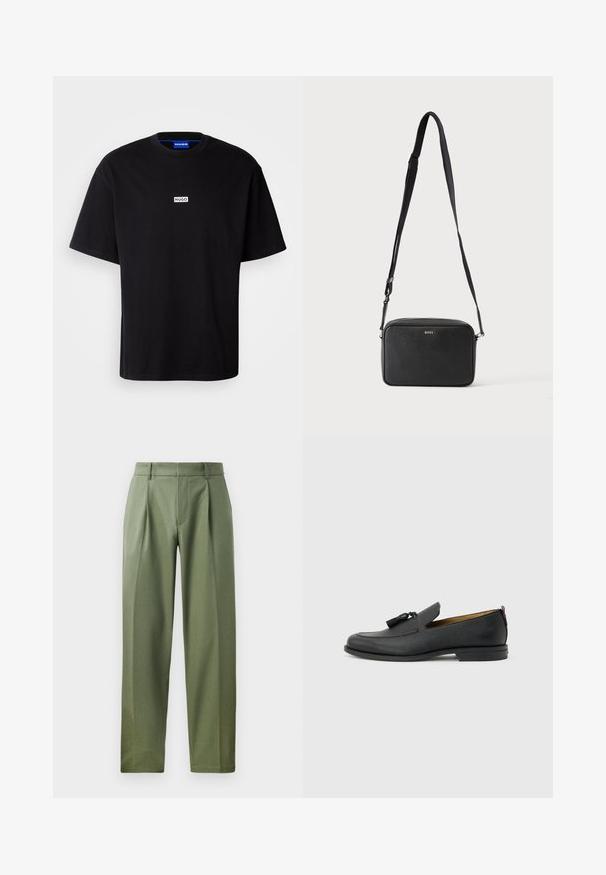 Camiseta de algodón negra con cuello redondo, mangas cortas y un logo rectangular blanco "HUGO" en el pecho. Textura suave, corte relajado.; Pantalones a medida en tejido verde olivo con una textura suave, que cuentan con dos pliegues frontales, trabillas para el cinturón y un diseño de pierna recta.; Mocasín negro de cuero para hombre con borlas, punta redonda, tacón bajo y pestaña para tirar en la parte trasera, mostrado de perfil lateral sobre un fondo gris claro.; Bolso bandolera rectangular negro con correa ajustable y logo BOSS en la parte delantera, sobre un fondo claro liso.