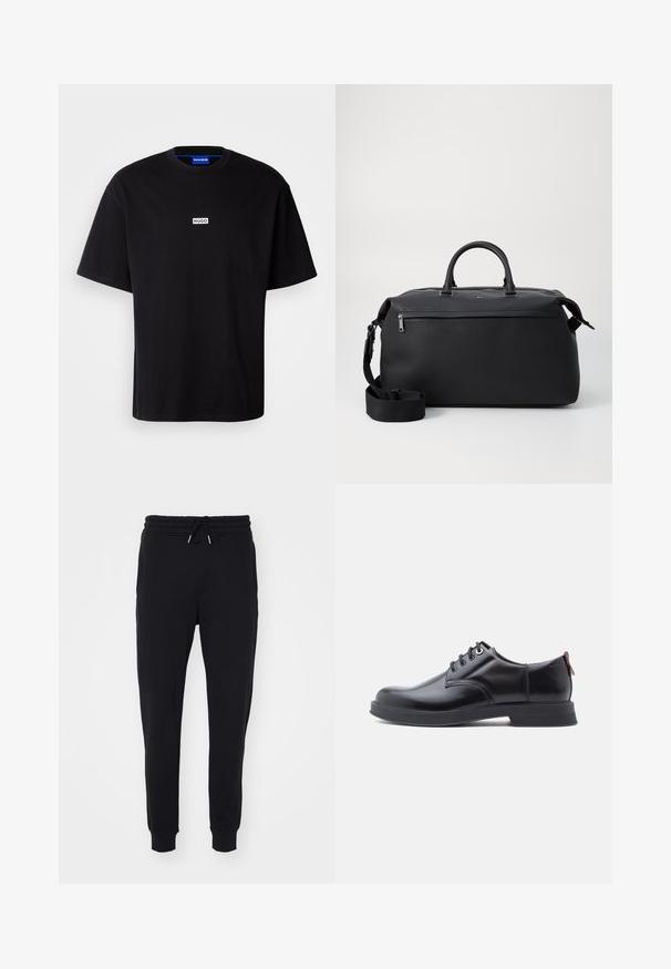 T-shirt en coton noir avec un col rond, des manches courtes et un logo rectangulaire "HUGO" blanc sur la poitrine. Texture lisse, coupe décontractée.; Pantalons de survêtement noirs en tissu doux, dotés d'une taille élastique avec cordon de serrage, de poches latérales et de finitions ajustées aux chevilles.; Chaussures en cuir noir à lacets avec une texture lisse, un bout arrondi et des détails de couture discrets. Présentent une languette rouge à l'arrière.; Sac de voyage en cuir noir avec deux poignées supérieures, une bandoulière amovible et une poche avant zippée pour un espace de rangement supplémentaire.