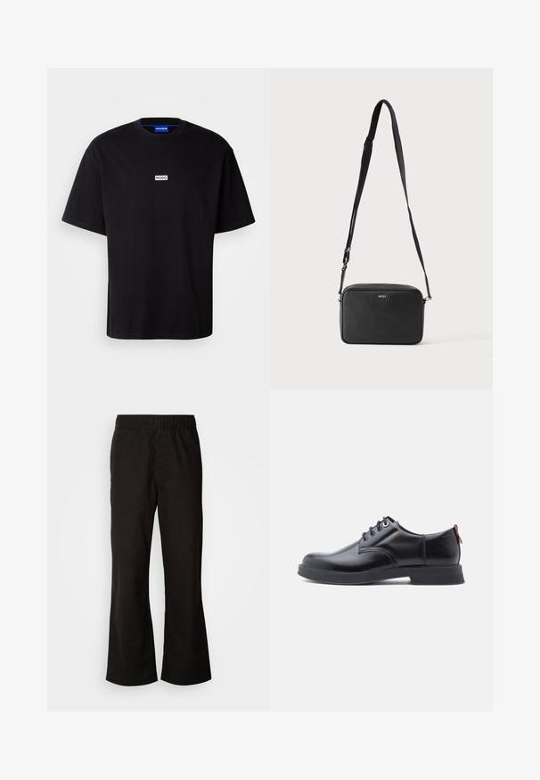 Camiseta de algodón negra con cuello redondo, mangas cortas y un logo rectangular blanco "HUGO" en el pecho. Textura suave, corte relajado.; Pantalones con cintura elástica negra y forma acampanada, confeccionados en suave tela de algodón. Presentan un diseño sencillo y aberturas de pierna rectas.; Zapatos de piel negra con cordones, textura lisa, puntera redondeada y detalles sutiles de costura. Cuentan con una lengüeta roja en el talón.; Bolso bandolera rectangular negro con correa ajustable y logo BOSS en la parte delantera, sobre un fondo claro liso.