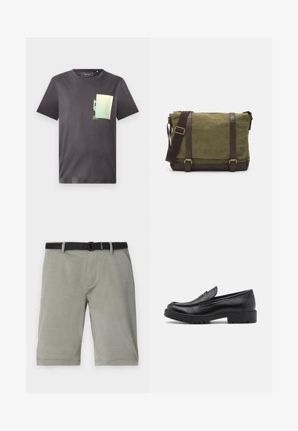 T-shirt en coton gris avec un col rond, arborant un imprimé graphique minimaliste vert et bleu sur la partie gauche de la poitrine. Manches courtes.; Un short gris en tissu texturé, doté d'une ceinture noire, de poches classiques et d'un ourlet se terminant juste au-dessus du genou.; Mocassins en cuir noir avec un bout arrondi, un design à enfiler et une semelle en caoutchouc épaisse avec une texture antidérapante. Talon surélevé et détails de surpiqûre subtils.; Sac messager en tissu vert avec des accents en cuir marron, un rabat à l'avant, une bandoulière réglable et une fermeture à glissière sur le dessus. Caractéristiques en métal doré.