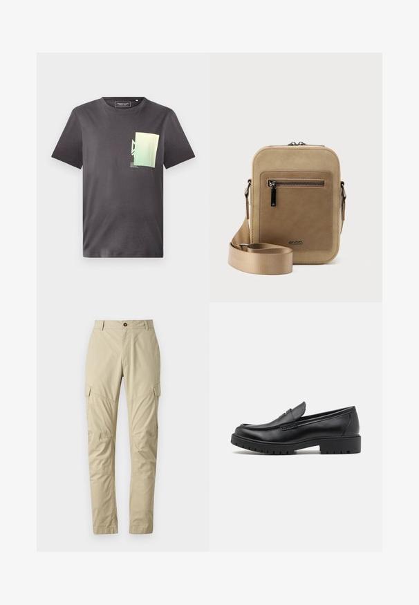 T-shirt en coton gris avec un col rond, arborant un imprimé graphique minimaliste vert et bleu sur la partie gauche de la poitrine. Manches courtes.; Pantalons cargo beiges en tissu léger, dotés de plusieurs poches, d'une fermeture à bouton et d'un design de jambe fuselée. Texture lisse.; Mocassins en cuir noir avec un bout arrondi, un design à enfiler et une semelle en caoutchouc épaisse avec une texture antidérapante. Talon surélevé et détails de surpiqûre subtils.; Petit sac bandoulière beige avec poche avant zippée, logo métallique ALDO, sangle large ajustable et forme rectangulaire arrondie sur fond blanc.