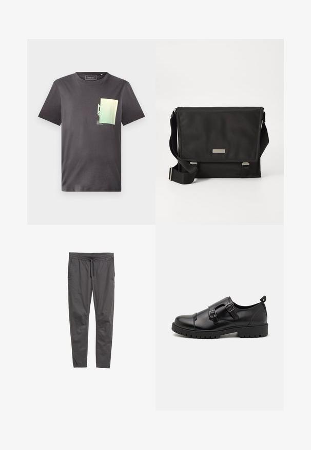 T-shirt en coton gris avec un col rond, arborant un imprimé graphique minimaliste vert et bleu sur la partie gauche de la poitrine. Manches courtes.; Pantalons noirs légers avec une taille élastique et un cordon de serrage. Présentent des jambes fuselées et des poches latérales pour plus de praticité.; Pier One by Zalando Mocassins de ville - black; Sac messager noir en nylon avec une finition mate. Il dispose d'une fermeture à rabat, d'une sangle réglable et d'une petite plaque en métal avec logo.