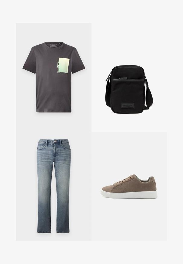 Grijs katoenen T-shirt met een ronde hals, voorzien van een minimalistische groene en blauwe grafische print op de linkerkant van de borst. Korte mouwen.; Licht gewassen denim jeans met een recht gesneden ontwerp, vijf traditionele zakken, metalen knoopsluiting en subtiele vervaagde details.; Bruine suède sneakers met platte witte rubberen zolen, vetersluiting, ronde neus en een gladde textuur. Minimalistische stijl met subtiele stikdetails.; Zwarte stoffen crossbody tas met een ritssluiting hoofdcompartiment, leren accenten, een voorkantvak en een verstelbare band. Marc O'Polo logo zichtbaar.