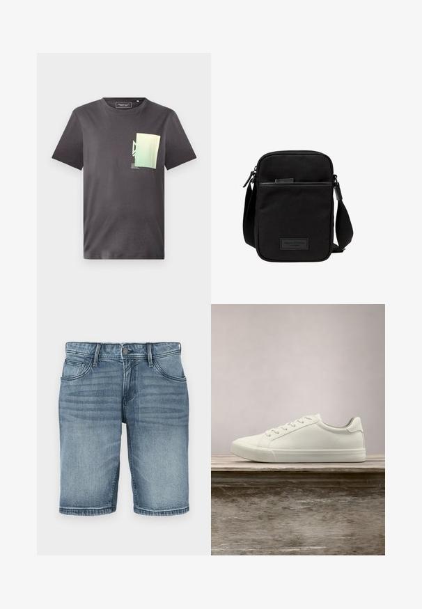 Camiseta de algodón gris con cuello redondo, que presenta un diseño gráfico minimalista en verde y azul en la parte izquierda del pecho. Mangas cortas.; Pantalones cortos de mezclilla en lavado azul claro, con un diseño clásico de cinco bolsillos, detalles de costura y pierna recta con un acabado dobladillo.; Zapatilla blanca con cordones flotando sobre un banco de madera con follaje verde al fondo, mostrando el diseño y la textura del zapato.; Bolso cruzado de tela negra con un compartimento principal con cremallera, acentos de cuero, bolsillo frontal y strap ajustable. Logo de Marc O'Polo visible.