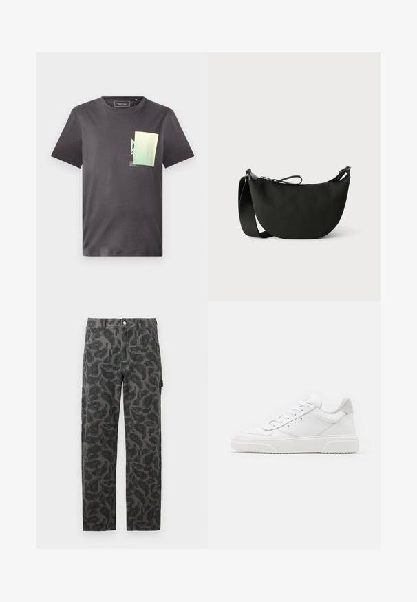 T-shirt en coton gris avec un col rond, arborant un imprimé graphique minimaliste vert et bleu sur la partie gauche de la poitrine. Manches courtes.; Pantalons droit en camouflage pixelisé noir et gris avec poches avant et fermeture à bouton.; Des baskets en cuir blanc avec une finition lisse, un bout rond, des lacets plats et une semelle texturée. Accents en daim gris au niveau du talon.; Sac bandoulière noir en forme de demi-lune avec une large sangle ajustable et une fermeture éclair sur un fond clair uni.