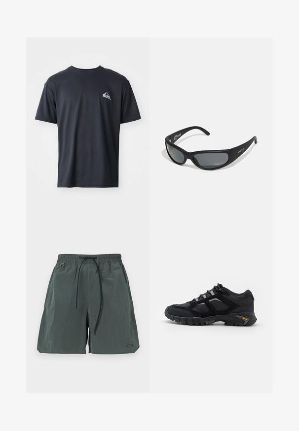T-shirt noir à manches courtes en tissu lisse, avec un petit logo blanc sur la zone gauche de la poitrine. Coupe régulière avec un col rond.; Shorts de sport verts en tissu léger. Dotés d'une taille élastique avec un cordon de serrage, de poches latérales et d'un logo discret sur l'ourlet.; Chaussure extérieure noire en daim et en maille avec une semelle robuste. Présente des accents gris et une marque Vibram sur le côté. Design à lacets.; Lunettes de soleil noires avec une monture incurvée et des verres teintés. Présente un fini mat et le nom de la marque "ARNETTE" sur le côté.